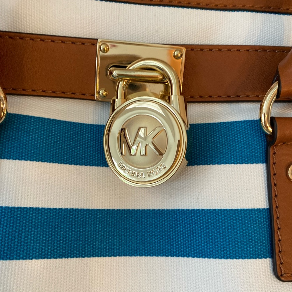Michael Kors Aqua Blue Striped Hamilton Tote Bag - Picture 2 of 12